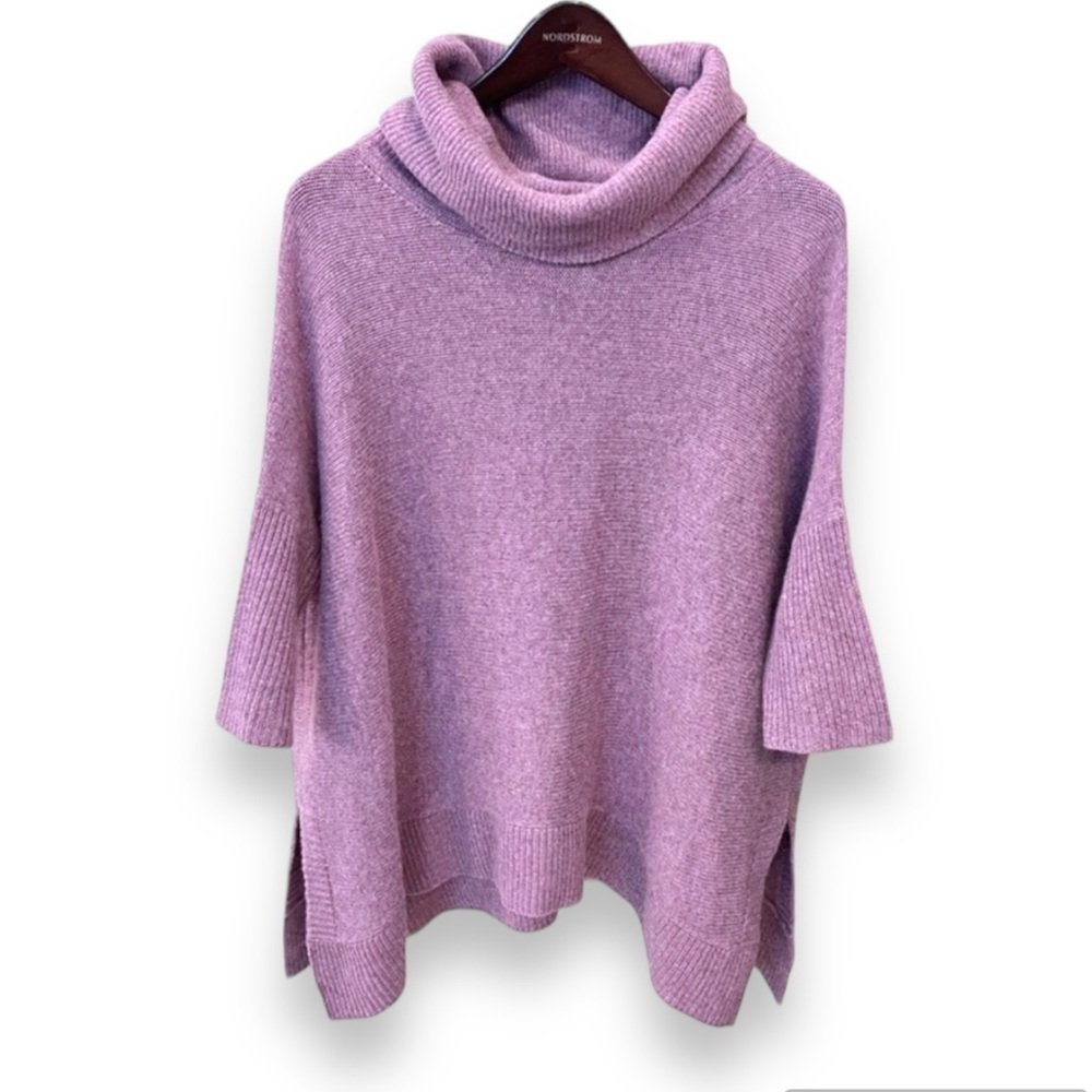 Cashmere 360 Sweater poncho pullover, dusty purple, turtleneck, 3/4 sleeve